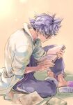  1boy blue_pants book closed_mouth coat collared_coat fingernails glasses holding holding_book holding_pencil hwiwoyako jacq_(pokemon) lab_coat male_focus notebook open_book pants paper pencil pokemon pokemon_sv purple_hair reading sandals sitting sleeves_rolled_up solo white_coat 