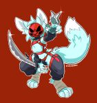 anthro arm_warmers armwear blue_body blue_fur bottomwear bulge canid canine claws clothed clothing fox fox_tail fur hi_res holding_object holding_weapon kingkapro leggings legwear male mammal mask melee_weapon ninja ninja_outfit ninja_suit pawpads ranged_weapon shinobi_(kingkapro) shuriken simple_background skimpy solo straps sword tail warrior weapon wearing_mask wraps