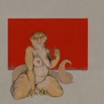 1:1 abstract_background agamid areola bearded_dragon breasts candy dessert digital_drawing_(artwork) digital_media_(artwork) female flowerdino food gummy_(food) gummy_worm hatching_(art) hi_res holding_food holding_object horn kneeling lizard looking_at_viewer navel nipples non-mammal_breasts nude red_sclera reptile scales scalie shaded signature slightly_chubby smile thick_thighs wide_hips yellow_body yellow_scales