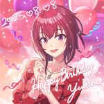  1girl 2025 absurdres artist_request balloon confetti gionji_yukine gradient_sky happy_birthday highres holding holding_balloon jacket jewelry looking_at_viewer medium_hair necklace official_art open_mouth red_eyes red_hair red_jacket shine_post shirt sky smile solo sparkle teeth upper_body upper_teeth_only white_shirt 