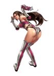  1girl adjusting_eyewear alternate_costume ass bandai_namco bare_shoulders black_panties boots breasts brown_eyes brown_hair butt_crack cable elbow_gloves elbow_pads entangled fingerless_gloves gloves highres jaycee_(tekken) julia_chang junny large_breasts leotard long_hair looking_at_viewer microphone official_art panties pinky_out pointing purple_leotard shoulder_pads simple_background solo tekken tekken_tag_tournament_2 thigh_boots thighhighs underwear wrestling_outfit 