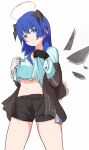  1girl arknights asymmetrical_gloves black_gloves black_jacket black_shorts blue_eyes blue_shirt blush brown_horns closed_mouth clothes_lift commentary cowboy_shot detached_wings fur_trim gloves grey_gloves halo highres higurashi-pc_(higurashi2024) horns jacket lifting_own_clothes long_sleeves looking_at_viewer medium_hair midriff mismatched_gloves mostima_(arknights) navel off_shoulder purple_hair shirt shirt_lift short_shorts shorts simple_background smile solo standing torn_clothes torn_shirt traditional_halo white_background wings yellow_halo 