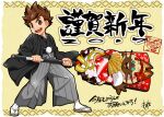  2017 2boys animal_ears black_kimono cat_boy cat_ears cat_tail commentary_request dated folding_fan geta hagoita hand_fan holding holding_fan holding_paddle japanese_clothes kimono male_focus monster_hunter_(series) monster_hunter_stories mozuku_(mozukuojisan) multiple_boys naville_(monster_hunter_stories) new_year open_mouth paddle red_kimono ryuuto_(monster_hunter_stories) smile tabi tail translation_request whiskers 