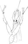  2020 anthro arms_tied arthropod arthropod_abdomen black_and_white bodily_fluids bound cape cape_only clothing fecharis female front_view full-length_portrait genitals hollow_knight hornet_(hollow_knight) insect legs_tied legs_up monochrome mostly_nude portrait pussy sketch solo suspension sweat team_cherry video_games w4g4 