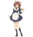  1girl :3 animal_ears animal_print anime_coloring apron black_socks brown_hair dress frilled_apron frills full_body highres isekai_maou_to_shoukan_shoujo_no_dorei_majutsu juliet_sleeves kaneko_shizue leopard_ears leopard_girl leopard_print leopard_tail loafers long_sleeves looking_at_viewer maid maid_apron maid_headdress mei_(isekai_maou) neck_ribbon official_art puffy_long_sleeves puffy_sleeves red_ribbon ribbon shoes short_hair short_twintails simple_background smile socks solo standing tail tiger_girl transparent_background tsurime twintails waist_apron white_apron 