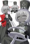  1girl belt black_belt black_gloves blush candy character_request closed_mouth colored_skin commentary_request cowboy_shot cross cross_print dress dungeon_and_fighter eyelashes food gloves grey_dress grey_eyes grey_hat grey_skin half-closed_eyes hat highres hime_cut holding holding_candy holding_food holding_lollipop holding_stuffed_toy lollipop long_hair long_sleeves looking_at_viewer looking_to_the_side low_twintails marshmallow_(site) multiple_views open_mouth ro/ku simple_background sitting standing steering_wheel stuffed_animal stuffed_toy swirl_lollipop teddy_bear tongue tongue_out twintails upper_body very_long_hair white_background wide_sleeves 