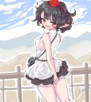 1girl arm_behind_back artist_name back bare_shoulders black_hair black_skirt blue_sky blush camera embarrassed fence from_behind hat looking_at_viewer looking_back medium_hair mountain open_mouth pointy_ears red_eyes s-a-murai shameimaru_aya shirt simple_background skirt sky sleeveless sleeveless_shirt solo thighs tokin_hat touhou wavy_mouth white_shirt 