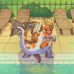amur_carp anus argon_vile arm_fin bodily_fluids butt carp cyprinid cypriniform dragon feet fin fish genital_fluids genitals hi_res horn koi looking_at_viewer looking_back male marine membrane_(anatomy) mythological_creature mythological_scalie mythology orange_body peeing peeing_into_pool peeing_into_water penis pool poolside presenting presenting_anus scalie smile smiling_at_viewer smirk smirking_at_viewer solo swimming_pool tail tail_fin toes typical_carp urine urine_stream water watersports webbed_feet webbed_hands wings yellow_horn