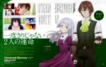  1boy 1girl absurdres anime_coloring anime_screenshot_inset artist_name ascot belt belt_buckle bib_collar black_pants blunt_bangs breasts brown_belt brown_eyes brown_gloves brown_hair buckle character_name collared_shirt copyright_name copyright_notice dress earrings elbow_gloves feather_earrings feathers fingerless_gloves floating_hair gloves green_ascot green_eyes green_feathers green_ribbon green_vest grey_hair hair_between_eyes hair_ribbon highres holding_hands jewelry juliet_sleeves kimura_eri_(animator) long_hair long_sleeves looking_at_viewer miralys multi-tied_hair newtype official_art oscar_(unnamed_memory) outstretched_hand page_number pants pink_dress puffy_sleeves red_brooch ribbon shirt short_hair single_earring small_breasts smile split_mouth standing text_focus third-party_source tinasha_(unnamed_memory) twitter_username unnamed_memory valt_(unnamed_memory) vest web_address white_shirt 