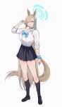  1girl alternate_animal_ears alternate_species anandaname animal_ears asuna_(blue_archive) asuna_(school_uniform)_(blue_archive) black_shoes black_skirt black_socks blonde_hair blue_archive blue_bow blue_bowtie blue_eyes blue_halo blue_ribbon blush bow bowtie breasts choker cleavage collarbone extra_ears full_body grin hair_over_one_eye hair_ribbon halo highres horse_ears horse_girl horse_tail large_breasts long_hair looking_at_viewer pleated_skirt ribbon scrunchie shirt shoes skirt sleeves_rolled_up smile socks solo tail thighs umamusume v very_long_hair white_background white_shirt wrist_scrunchie 