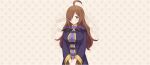  1girl ahoge breasts brown_eyes brown_hair closed_mouth cowboy_shot cross_brooch dress game_cg gold_trim hair_over_one_eye highres hooded_robe kono_subarashii_sekai_ni_shukufuku_wo! konosuba!_fantastic_days large_breasts light_blush long_dress long_hair looking_at_viewer official_art one_eye_covered own_hands_together patterned_background purple_dress purple_robe robe sidelocks smile solo standing tachi-e wavy_hair wiz_(konosuba) 