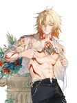  1boy abs arm_tattoo black_pants blonde_hair braid chest_tattoo collared_shirt earrings facial_tattoo gold_earrings gold_necklace gradient_hair hair_between_eyes hashtag-only_commentary highres honkai:_star_rail honkai_(series) jewelry male_focus medium_hair multicolored_hair mydei_(honkai:_star_rail) necklace open_clothes open_fly open_shirt pants red_hair red_tattoo see-through_clothes see-through_shirt shirt side_braid simple_background solo tattoo toned toned_male toriumu wet wet_clothes wet_hair wet_shirt white_background white_shirt yellow_eyes 