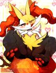  1girl :&gt; animal_collar animal_ear_fluff animal_ears animal_feet animal_hands animal_nose artist_name black_fur blonde_hair blush body_fur border bow braid braixen breasts claws closed_mouth collar colored_tips commentary english_commentary eyes_visible_through_hair feet fox_ears fox_girl fox_tail from_above full_body furry furry_female hair_bow hair_over_one_eye half-closed_eyes hands_on_own_chest hands_up happy heart heart_background highres legs_up looking_at_viewer lying multicolored_fur multicolored_hair neck_fur no_pussy on_back outside_border pawpads pokemon pokemon_(creature) red_bow red_eyes red_hair short_hair signature single_braid small_breasts smile soles solo split_mouth spread_legs stick tail thick_thighs thighs thwillartz toes twitter_username two-tone_hair white_border white_fur yellow_background yellow_fur 