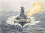  anti-aircraft_gun atelier_bono battleship cannon cloud cloudy_sky commentary_request destroyer firing highres imperial_japanese_navy mast military_vehicle no_humans ocean original painting_(medium) sailing ship ship_turret sky traditional_media type_96_aa_gun vehicle_focus warship watercolor_(medium) watercraft waves yamato_(battleship) 