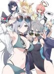  6+girls adjusting_eyewear alternate_costume alternate_hairstyle animal_ear_fluff animal_ears bag bikini black_bag black_bikini black_choker black_hair black_halo black_jacket black_one-piece_swimsuit black_wings blonde_hair blue_bikini blue_bow blue_eyes blue_halo blue_jacket blue_nails blue_ribbon blush bow braid choker double_v drone earrings extra_ears eyewear_on_head floral_print_bikini fox_ears fox_girl grey_hair grin hair_between_eyes hair_bow hair_down hair_over_one_eye halo hayashi_kewi highleg highleg_one-piece_swimsuit highres holding holding_bag ichika_(blue_archive) ichika_(swimsuit)_(blue_archive) jacket jewelry long_hair multiple_girls navel neru_(blue_archive) neru_(school_uniform)_(blue_archive) official_alternate_hairstyle official_art one-piece_swimsuit pink-tinted_eyewear pink_eyes red_eyes red_hair red_halo ribbon seia_(blue_archive) seia_(swimsuit)_(blue_archive) shiroko_(blue_archive) shiroko_(swimsuit)_(blue_archive) shiroko_terror_(blue_archive) shirt short_hair side_ponytail single_braid smile stomach stud_earrings sunglasses swimsuit tinted_eyewear toki_(blue_archive) toki_(school_uniform)_(blue_archive) untied_ribbon v white_one-piece_swimsuit white_shirt wings yellow_halo 
