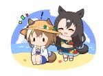  ! 2girls :d ^_^ barefoot beach bikini black_hair blue_bikini blue_shorts blush bracelet brown_hair brown_hat cheval_grand_(umamusume) closed_eyes cloud commentary day ears_through_headwear full_body gomashio_(goma_feet) hat hood hood_down hoodie jewelry long_hair long_sleeves multicolored_hair multiple_girls notice_lines ocean open_clothes open_hoodie open_mouth outdoors satono_crown_(umamusume) short_hair shorts sitting smile standing swimsuit two-tone_hair umamusume white_hair 