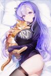  1girl ass black_nails black_thighhighs breasts cat closed_mouth clothes_writing commentary english_commentary highres kagefumi large_breasts long_hair long_sleeves looking_at_viewer lying no_panties no_pants on_side original pillow purple_eyes purple_hair skindentation smile solo thighhighs very_long_hair 