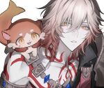  1boy absurdres arm_tattoo armlet armor black_coat blonde_hair braid chest_tattoo chimera_(honkai:_star_rail) coat creature creature_on_shoulder facial_tattoo fig_stew_(honkai:_star_rail) gold_necklace gradient_hair hair_between_eyes highres honkai:_star_rail honkai_(series) jewelry kashiko_0911 male_focus medium_hair multicolored_hair mydei_(honkai:_star_rail) necklace on_shoulder open_clothes open_coat pauldrons red_hair red_tattoo shoulder_armor side_braid simple_background single_pauldron solo tattoo white_background yellow_eyes 