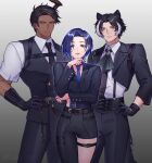  1girl 2boys animal_ears aragami_oga ascot asymmetrical_pants belt black_belt black_gloves black_hair black_necktie black_pants black_vest blue_eyes blue_hair blue_nails blue_necktie collared_shirt cowboy_shot dark-skinned_male dark_skin debbie_njy frown gloves green_eyes grey_ascot hand_on_own_hip hashtag-only_commentary highres hiodoshi_ao hololive hololive_dev_is holostars horns jackal_boy jackal_ears jackal_tail kageyama_shien looking_at_viewer mole mole_under_mouth multicolored_hair multiple_boys necktie pants parted_lips shirt short_hair single_horn smile streaked_hair teeth thigh_strap vest white_shirt yellow_eyes 