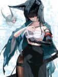  1girl a0lp animal_ear_fluff animal_ears applying_bandages aqua_jacket arm_out_of_sleeve black_hair black_pantyhose black_skirt braid breasts bright_pupils chest_sarashi cleavage collarbone commentary fingernails fox_ears fox_girl gauntlets half_up_braid high-waist_skirt highres hoshimi_miyabi jacket katana long_hair long_skirt looking_down medium_breasts midriff mouth_hold no_shirt open_clothes open_jacket pantyhose red_eyes sarashi scabbard sheath sheathed shide side_slit single_gauntlet skirt sword symbol-only_commentary tailless_(zenless_zone_zero) weapon white_pupils zenless_zone_zero 