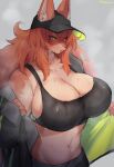  anthro big_breasts bodily_fluids breasts canid canine canis cleavage clothed clothing crop_top female grey_background hair hat headgear headwear hi_res jacket long_hair looking_down mammal midriff red_hair shirt simple_background solo suurin_2 sweat topwear undressing watermark wolf yellow_eyes 