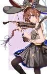  1girl absurdres ambience_synesthesia amiya_(arknights) amiya_(medic)_(arknights) amiya_(medic)_(solo_around_the_world)_(arknights) animal_ears arknights bare_shoulders black_dress black_gloves black_hat black_pantyhose bow_(music) braid brown_hair chinese_commentary closed_mouth commentary dress ears_through_headwear ewg7k3eutb99502 eyes_visible_through_hair frilled_dress frilled_hat frills gloves hat highres holding holding_bow_(music) holding_instrument holding_violin instrument jewelry light_smile long_hair looking_at_viewer multiple_rings official_alternate_costume pantyhose purple_eyes purple_hat ring single_glove solo standing two-sided_fabric two-sided_headwear violin witch_hat 