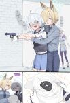  1boy 3girls absurdres ahoge animal_ear_fluff animal_ears black_pantyhose blonde_hair blue_archive blue_eyes blue_necktie blue_shirt blue_skirt blush boots breast_press bulletproof_vest cropped_jacket dog_ears dog_girl doodle_sensei_(blue_archive) fingernails gloves grey_boots gun hair_between_eyes handgun highres holding holding_gun holding_paper holding_weapon jacket kanna_(blue_archive) kanna_(young)_(blue_archive) kirino_(blue_archive) lonklink looking_ahead looking_at_another mood_(umamusume) multiple_girls necktie nervous_sweating official_alternate_hairstyle open_mouth pantyhose paper parted_lips purple_necktie purple_pantyhose sensei_(blue_archive) sharp_fingernails shirt short_hair skirt sweat weapon white_gloves white_hair white_jacket white_shirt yellow_eyes 