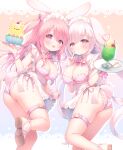  2girls animal_ears apron ass bangs bikini braid breasts cherry cleavage commentary_request crazy_straw drinking_straw food frilled_apron frills fruit hair_between_eyes hair_ornament hairclip heart_straw highres holding holding_tray ice_cream ice_cream_float large_breasts long_hair maid_headdress multiple_girls original pink_hair plaid plaid_bikini purple_bikini rabbit_ears rabbit_girl rabbit_tail red_eyes sakura_(usashiro_mani) spoon swimsuit tail tray twisted_torso usashiro_mani very_long_hair white_apron white_hair wrist_cuffs 