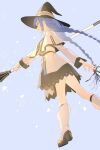  1girl absurdres black_hat black_ribbon blue_background blue_eyes blue_hair boots braid capelet commentary_request dress from_side hair_ribbon hat high_heel_boots high_heels highres holding holding_staff knee_boots long_braid long_hair long_sleeves mage_staff mushoku_tensei open_mouth outstretched_arm pananother profile ribbon roxy_migurdia simple_background smile solo staff twin_braids very_long_hair white_boots white_capelet white_dress witch_hat 