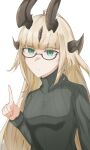  1girl ahoge arknights bespectacled black-framed_eyewear black_horns black_sweater blonde_hair blunt_bangs closed_mouth commentary english_commentary fgpahlevy glasses green_eyes hand_up highres horns index_finger_raised light_smile long_hair long_sleeves looking_at_viewer reed_(arknights) ribbed_sweater semi-rimless_eyewear simple_background solo sweater turtleneck turtleneck_sweater under-rim_eyewear white_background 