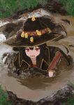  absurdres bird cape chicken clumsy dirt dirty dirty_clothes dress from_above hat highres kono_subarashii_sekai_ni_shukufuku_wo! koukouya looking_at_viewer lying megumin mud on_ground puddle red_dress red_eyes short_hair_with_long_locks sinking wet_and_messy wetland witch_hat 