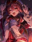  1girl :d absurdres adversarial_noise brown_hair chinese_clothes commentary_request dress eyewear_on_head flower-shaped_pupils genshin_impact hair_between_eyes hat highres hu_tao_(cherries_snow-laden)_(genshin_impact) hu_tao_(genshin_impact) kyoukichi long_hair long_sleeves looking_at_viewer official_alternate_costume open_mouth red_eyes red_nails smile solo symbol-shaped_pupils thighhighs tinted_eyewear upper_body watermark white_dress white_hat white_sleeves 
