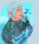  1boy black_bodysuit blue_eyes bodysuit commentary_request elezen elf eyewear_on_head final_fantasy final_fantasy_xiv gwntgyu haurchefant_greystone highres korean_commentary looking_to_the_side male_focus open_mouth pointy_ears smile solo sunglasses teeth tinted_eyewear unfinished upper_body upper_teeth_only wet white_hair yellow-tinted_eyewear 