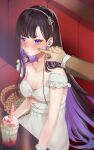 1girl bag black_hair blush breasts cheek_poking cleavage collarbone colored_inner_hair commander_(nikke) covered_navel cup dress drinking_straw eunhwa_(nikke) eunhwa_(tactical_upgrade)_(day_off)_(nikke) eunhwa_(tactical_upgrade)_(nikke) goddess_of_victory:_nikke hairband handbag highres jewelry long_hair medium_breasts multicolored_hair necklace official_alternate_costume poking purple_eyes purple_hair sakae_nikebaraba scrunchie see-through_clothes see-through_dress side_part sitting smoothie solo_focus underboob white_dress wrist_ruff wrist_scrunchie 