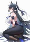  1girl absurdres arknights ass back bare_back bare_shoulders black_hair black_horns black_pantyhose black_shoes black_skirt blue_eyes blush breasts brown_pantyhose colored_shoe_soles demon_horns gradient_background grey_background hair_over_one_eye high_heels highres horn_ornament horn_ribbon horns large_breasts long_hair looking_at_viewer mole mole_under_mouth pantyhose pointy_ears qalaisa_(arknights) ribbon shirt shoes simple_background sitting skirt sleeveless sleeveless_shirt smile solo uof very_long_hair white_background white_shirt yokozuwari 