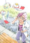  1boy adjusting_eyewear arm_up black-framed_eyewear blue_eyes blue_pants chimecho coat collarbone commentary_request glasses grass highres hwiwoyako jacq_(pokemon) lab_coat lapels looking_up male_focus notched_lapels open_mouth outdoors pants pocket pokemon pokemon_(creature) pokemon_sv purple_hair purple_shirt sandals shirt short_hair solo sparkle sparkling_aura standing white_coat wind_chime yellow_eyes 