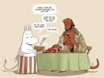 2019 2_toes 4:3 anthro apron apron_only breakfast brown_trenchcoat cambion chair clothing coat colored cooking crossover demon demon_humanoid dialogue duo ears_up eating english_text eyes_closed feet female food furniture hellboy_(character) hellboy_(series) holding_fork holding_plate horn humanoid jacket kirjoart male monotone_background moomin moominmamma on_chair pancake red_body red_tail signature simple_background sitting sitting_on_chair speech_bubble steam table tail tailed_humanoid tan_background text the_moomins toes topwear trenchcoat white_body white_tail wood wood_chair wood_furniture