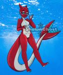  anthro aquatic_dragon bedroom_eyes big_breasts blue_eyes breasts claws digital_media_(artwork) dragon female fin freckles genitals hi_res horn looking_at_viewer marine narrowed_eyes nude pussy red_body scales scalie seductive shawnghost simple_background smile solo solo_focus 