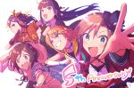  5girls absurdres book bright_pupils brown_hair choker domyoji_karin dress fingerless_gloves foreshortening gloves grin guitar hair_ornament hairclip hamaguchi_ayame hat highres holding holding_book holding_to_chest idolmaster idolmaster_cinderella_girls idolmaster_cinderella_girls_starlight_stage instrument looking_at_viewer mini_hat multiple_girls necktie open_mouth orange_shirt pink_necktie running saejima_kiyomi shirt short_hair smile striped_clothes striped_dress tada_riina toyosaka tripping unworn_hat unworn_headwear white_background white_gloves white_pupils yuuki_haru 