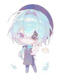  1boy anaxa_(honkai:_star_rail) anaxa_(ingenuity)_(honkai:_star_rail) apron aqua_hair bird black_hat black_pants blue_eyes brown_apron chain chibi chibi_only closed_mouth earrings eyepatch full_body hands_on_own_hips hat highres honkai:_star_rail honkai_(series) jewelry looking_at_viewer male_focus one_eye_covered pants pink_pupils shiita34 simple_background single_earring solo white_background 