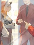  1boy 1girl animal_ears black_necktie closed_eyes closed_mouth crypthiyama ear_covers ear_ornament formal_clothes from_side highres horse_ears horse_girl jacket long_sleeves mirror necktie open_mouth orfevre_(umamusume) pants pointing red_jacket red_pants red_suit reflection reflection_focus single_ear_cover smile suit trainer_(umamusume) umamusume 