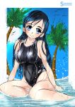  1girl beach black_swimsuit blue_eyes border breasts coconut_tree collarbone competition_swimsuit futari_wa_precure hair_ornament hairclip highres large_breasts long_hair looking_at_viewer one-piece_swimsuit outdoors palm_tree precure sand sitting smile swimsuit takaishi_fuu tree wariza water wet wet_clothes wet_swimsuit yukishiro_honoka 