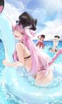  &gt;_&lt; 4girls absurdres animal_print ass bikini black_hat blue-tinted_eyewear blue_fire blue_sky breasts brown_eyes cecilia_immergreen cecilia_immergreen_(holonatsu_paradise) chattino_(raora_panthera) closed_eyes cloud cloudy_sky commentary cowboy_shot day elizabeth_rose_bloodflame elizabeth_rose_bloodflame_(holonatsu_paradise) english_commentary eyewear_on_head fang fire from_side gigi_murin green_eyes green_hair hat highleg highleg_one-piece_swimsuit highres holojustice hololive hololive_english huyn_ebuns inflatable_toy large_breasts lens_flare leopard_print leopard_print_bikini light_rays long_hair looking_at_viewer multicolored_hair multiple_girls ocean off-shoulder_shirt off_shoulder official_alternate_costume one-piece_swimsuit one_eye_closed open_mouth outdoors panther_girl panther_tail pink_bikini pink_hair police_hat raora_panthera raora_panthera_(holonatsu_paradise) red_eyes red_one-piece_swimsuit shirt sky smile solo_focus splashing standing streaked_hair sunbeam sunglasses sunlight swimsuit tail thong_bikini tinted_eyewear two-tone_hair very_long_hair virtual_youtuber wading water white_hair white_shirt winding_key 