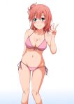  1girl arm_behind_back bikini blue_background blue_eyes blush breasts cleavage closed_mouth collarbone commentary_request feet_out_of_frame front-tie_bikini_top front-tie_top gradient_background hair_bun halterneck hand_up highres konoyan looking_at_viewer medium_breasts medium_hair navel orange_hair pink_bikini side-tie_bikini_bottom single_hair_bun single_side_bun smile solo standing string_bikini swimsuit thighs v yahari_ore_no_seishun_lovecome_wa_machigatteiru. yuigahama_yui 