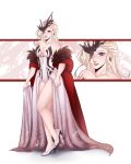  1girl bare_shoulders black_mask blonde_hair breasts butterfly_mask cleavage dress fur_trim genshin_impact half_mask high_heels highres lace-trimmed_eyepatch large_breasts long_hair looking_at_viewer mask mask_over_one_eye mr_space0 multiple_views one_eye_covered signora_(genshin_impact) solo white_dress 