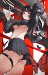  1girl absurdres arm_cutout arm_up ass bakoko black_hair black_panties black_shirt black_skirt blurry blurry_foreground blush breasts bug butterfly chisa_(wuthering_waves) closed_mouth clothing_cutout commentary crop_top cropped_shirt floating_hair hair_ribbon hand_up highres holding holding_scissors long_hair long_sleeves looking_at_viewer medium_breasts mole mole_under_eye no_bra panties red_butterfly red_eyes red_ribbon revision ribbon school_uniform scissors serafuku shirt skirt solo tacet_mark_(wuthering_waves) thigh_strap thighs underboob underwear wuthering_waves 