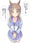  1girl animal_ears blue_eyes bow brown_hair ear_bow ear_covers ear_ornament ear_ribbon grass_wonder_(umamusume) highres homing_(areya) horse_ears horse_girl horse_tail horseshoe_ornament long_hair purple_shirt sailor_collar sailor_shirt school_uniform shirt single_ear_cover solo tail tracen_school_uniform translation_request umamusume 