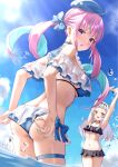  2girls adjusting_clothes adjusting_swimsuit ahoge alternate_costume aqua_hair arched_bangs arms_up ass beret bikini black_bikini blue_bikini blue_hat blue_sky blunt_bangs braid breasts cloud colored_inner_hair commentary_request cone_hair_bun day drill_hair faubynet frilled_bikini frills grey_hair hair_bun half_up_braid hat highres hololive large_breasts linea_alba long_hair looking_at_viewer median_furrow minato_aqua multicolored_hair multiple_girls murasaki_shion navel open_mouth outdoors outstretched_arms pink_hair purple_eyes revision short_eyebrows side-tie_bikini_bottom side_up_bun sidelocks single_side_bun sky stomach streaked_hair stretching swimsuit thigh_strap twin_drills twintails two-tone_hair virtual_youtuber wading water yellow_eyes 