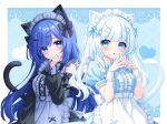  2girls :o animal_ear_fluff animal_ears apron black_bow black_dress black_sleeves black_tail blue_bow blue_bowtie blue_dress blue_eyes blue_hair blue_nails blush bow bowtie breasts cat_ears cat_girl cat_tail commentary_request detached_sleeves dress fingernails frilled_apron frills hand_up hands_up heart heart_in_eye long_hair long_sleeves looking_at_viewer maid maid_headdress multiple_girls nail_polish original puffy_short_sleeves puffy_sleeves short_sleeves sleeveless sleeveless_dress stardrop steepled_fingers symbol_in_eye tail upper_body very_long_hair waist_apron white_apron white_hair white_tail white_wrist_cuffs wrist_cuffs 