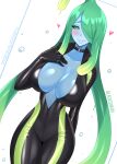  1girl ahoge arm_behind_back blacksaikou blue_skin blush bodysuit breasts center_opening cleavage closed_mouth collarbone colored_sclera colored_skin commentary contrapposto cowboy_shot cropped_legs curvy diving_suit dutch_angle english_commentary green_eyes green_hair green_sclera hair_over_one_eye highres huge_breasts licking_lips long_hair looking_at_viewer mole mole_under_eye monster_girl monster_musume_no_iru_nichijou navel open_clothes open_wetsuit plunging_neckline slime_girl smile solo suu_(monster_musume) tentacle_hair tongue tongue_out very_long_hair water_drop wetsuit white_background wide_hips 